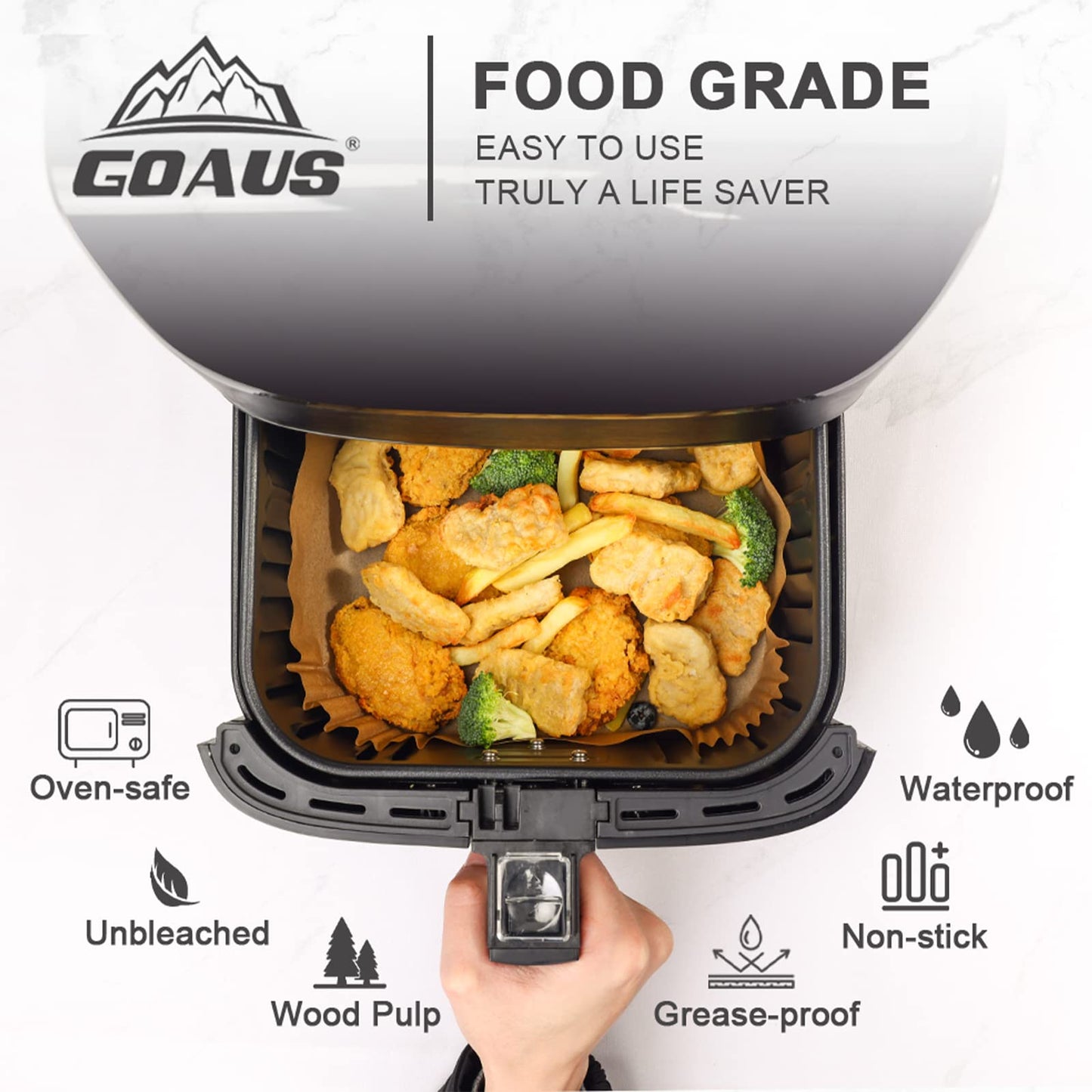 GOAUS Air Fryer 100 Pcs Square Paper Liners Disposable [Extra Large] for 8 Qt or Above Basket, 9 inch Unbleached Non-stick