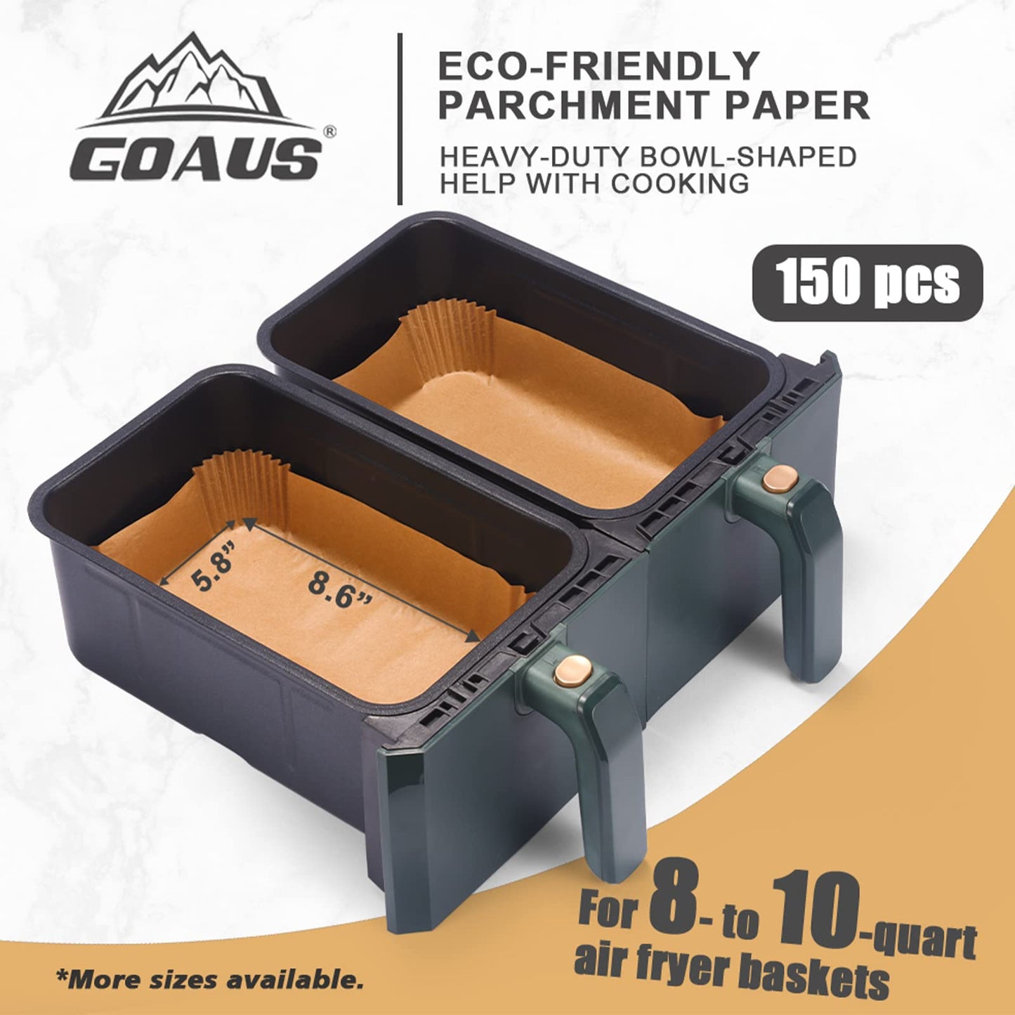 GOAUS Parchment Paper Liners 8.6x5.5 inch for Dual Air Fryer 2 Baskets 8 Qt and above, 150 Pcs Air Fryer Liners Disposable Rectangle Fit Ninja DZ201 DZ401 DZ090