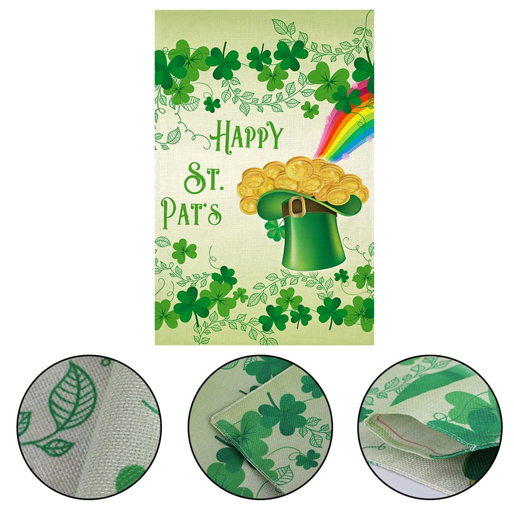 Happy St. Patrick's Day Large House Flag,Clovers Irish Green Shamrocks,Leprechaun Top Hat Gold Coin Rainbow,Double Sided Burlap Garden Flags for Home Lawn Yard Indoor Outdoor Decor,28 x 40 Inch