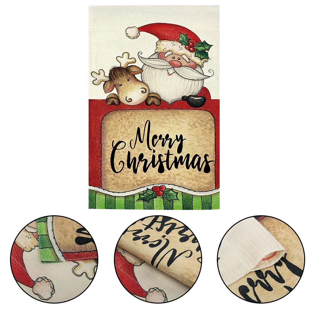 GOAUS Merry Christmas House Flag,Santa Claus and Cute Sleigh Reindeer,Double Sided Burlap Decorative Garden Flags for Home Lawn 28 x 40 inch Yard Indoor Outdoor Decor,28 x 40 Inch