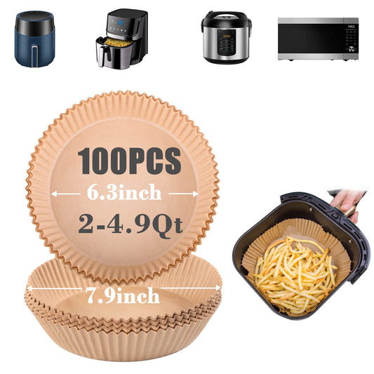 GOAUS Air Fryer 100 Pcs Round Paper Liners Disposable for 2 to 4.9 Qt Basket, 6.3 inch Unbleached Non-stick Oil-proof Parchment Paper